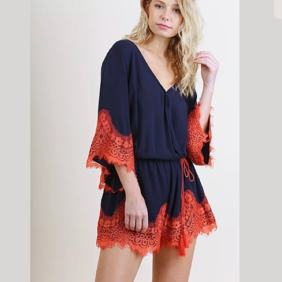 Umgee Orange & Blue Crochet Trim Shorts Romper NEW - Picture 2 of 4